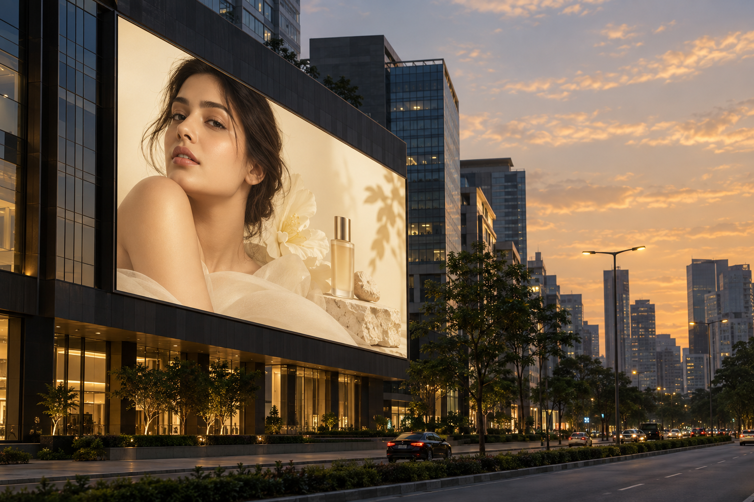 A premium beauty billboard integrated into a contemporary urban environment