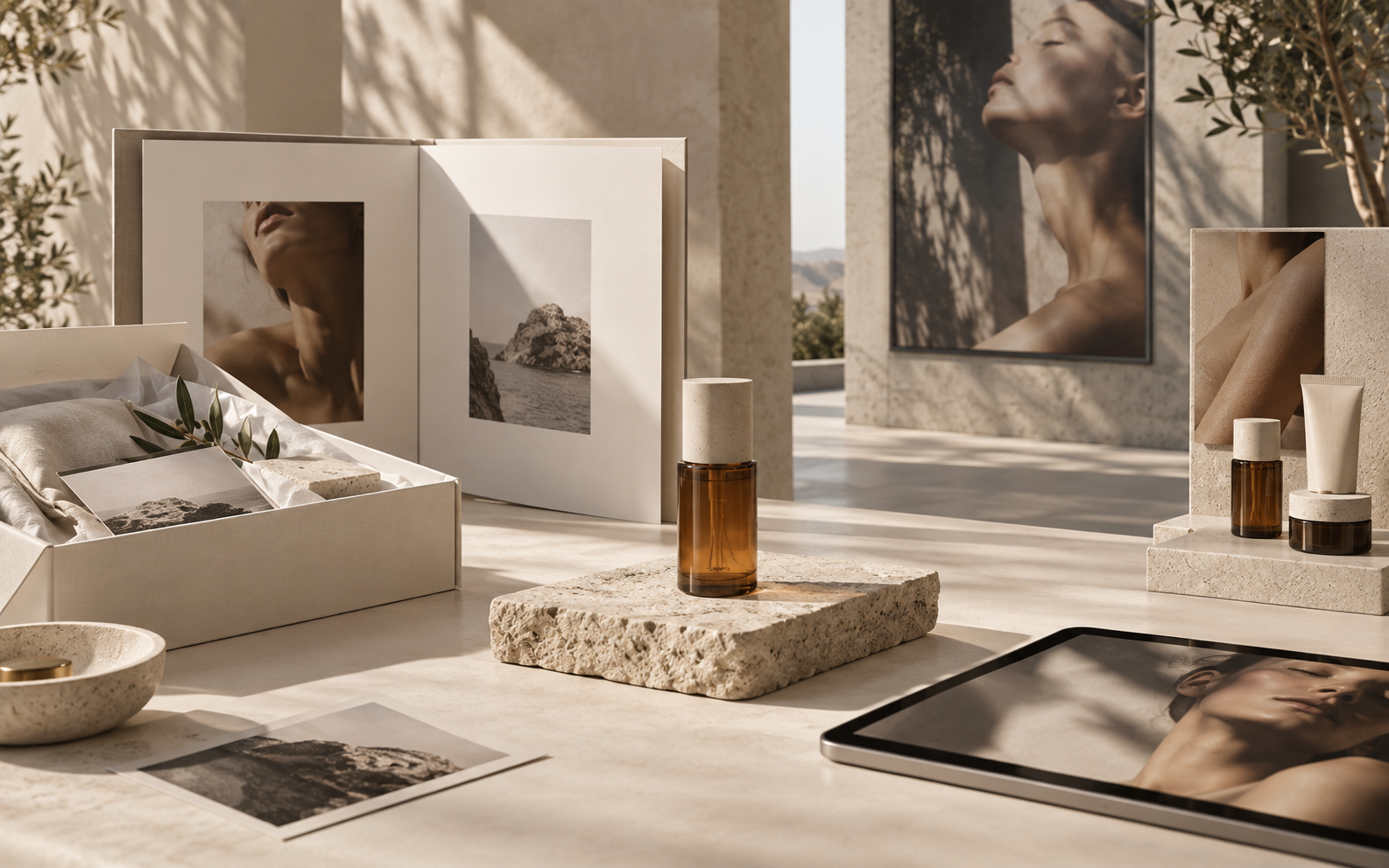 A coordinated beauty campaign system arranged across physical launch touchpoints