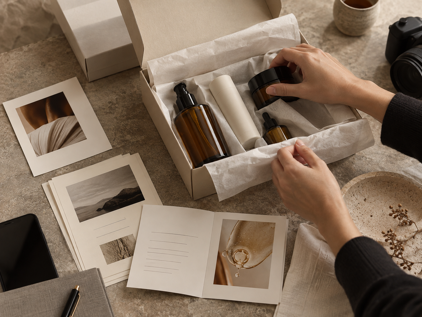 A premium creator seeding kit with beauty products and campaign materials