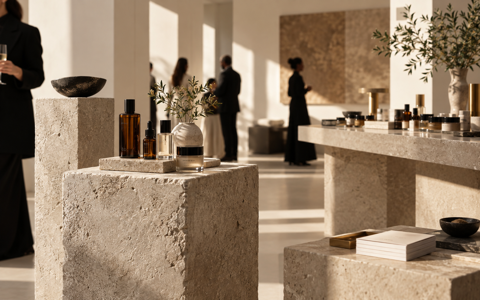 An intimate premium beauty launch experience in an architectural gallery setting