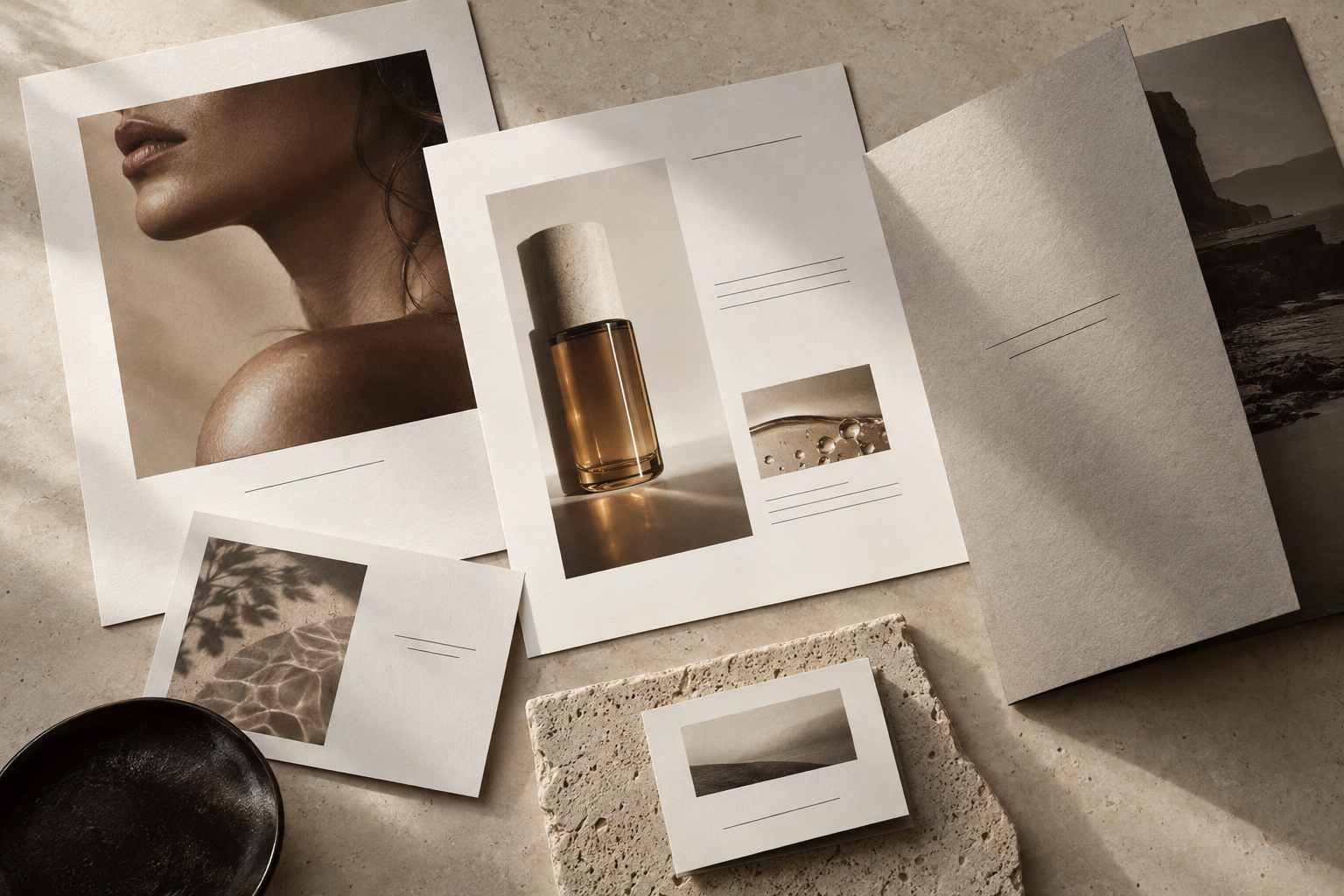 A refined press kit and media seeding materials arranged on an ivory surface