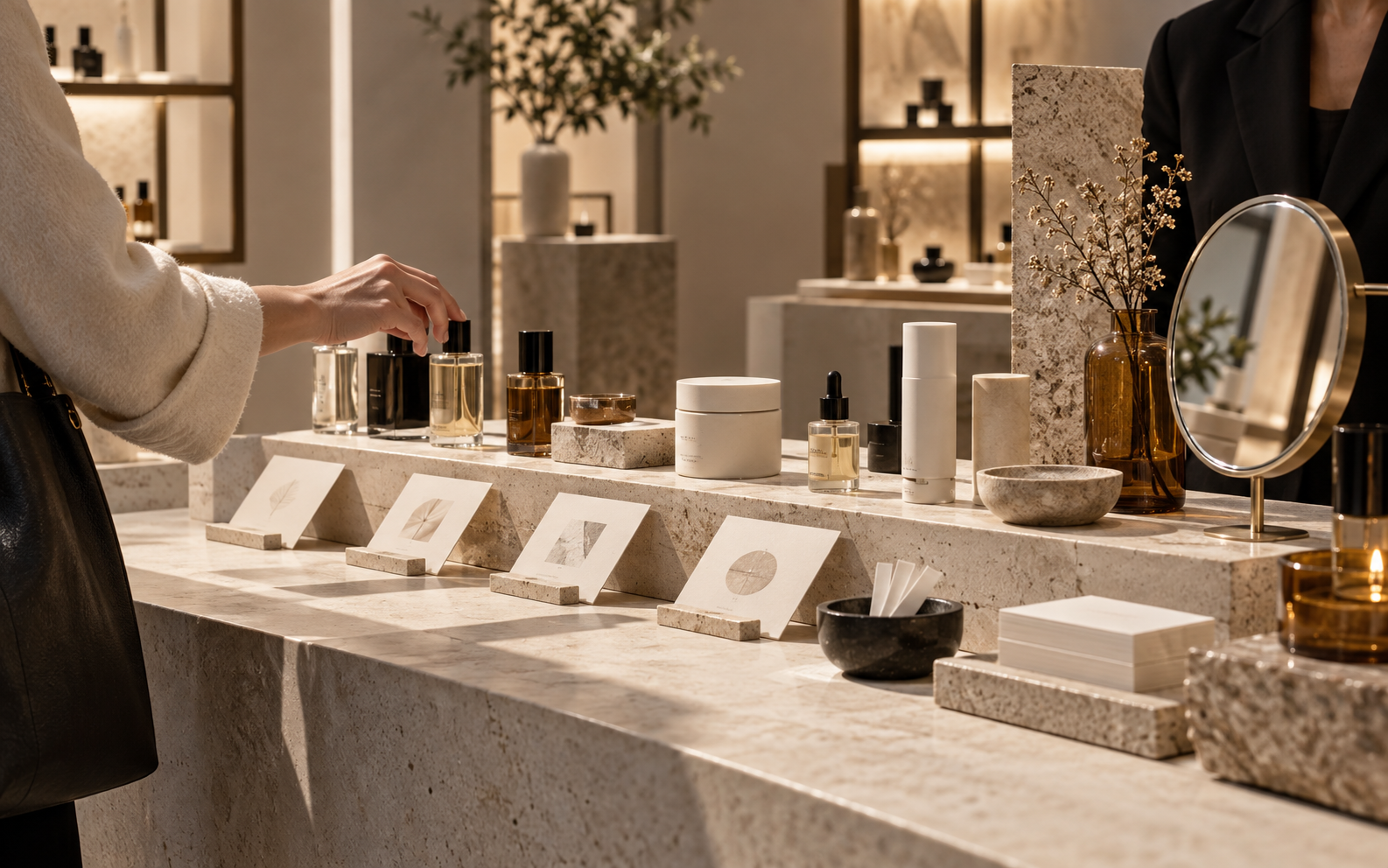 A premium beauty retail display with disciplined merchandising and product education