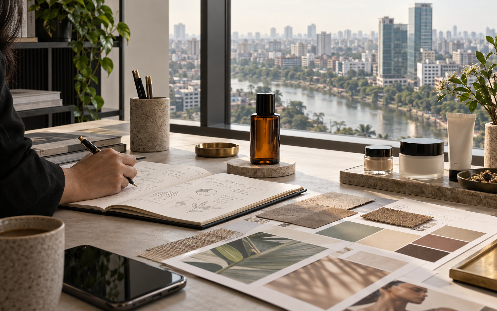 A market intelligence working session with beauty products and Dhaka visible beyond